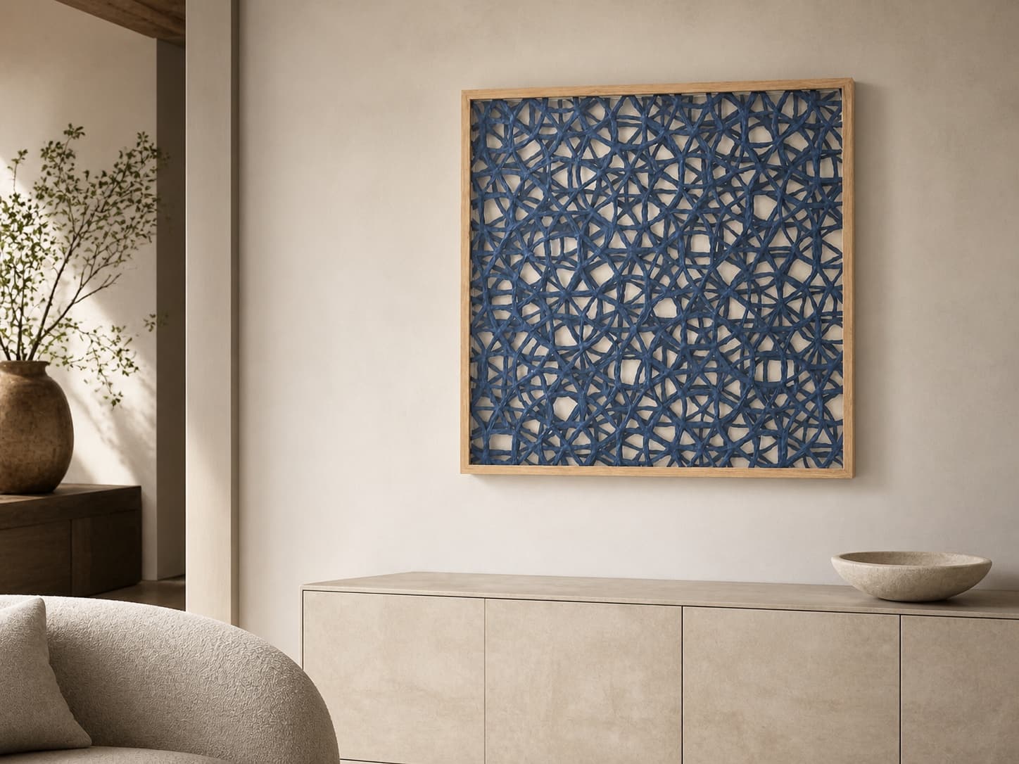 Dimensional rice paper shadow box shown in an interior
