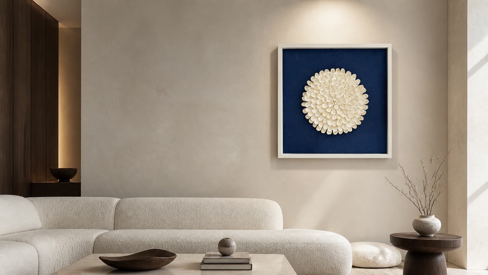 Dimensional petal shadow box in a refined contemporary living room